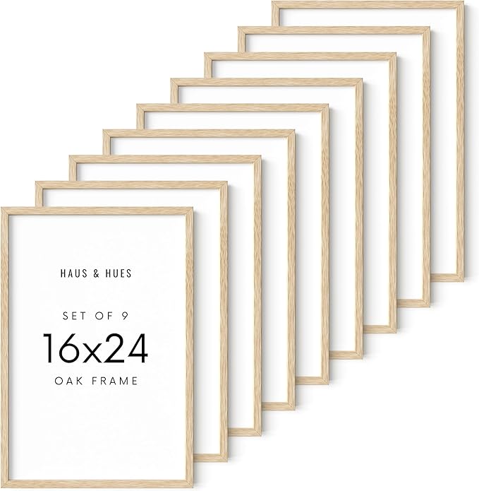 HAUS AND HUES Square Picture Frames 16 x 24 Set of 9 - Photo Gallery Wall Frame Set, Wood 16x24 Frames, 16 x 24 Frames Gallery Wall Set, 16x24 Frame with Mat, Square Frames 16x24 (Beige Oak Frames)