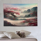 Japanese Tapestry, Red Plum Cherry Blossom Mountain Tapestry, Asian Japanese Wall Tapestry, Nature Landscape Tapestries for Bedroom Living Room Decor 90"x60"
