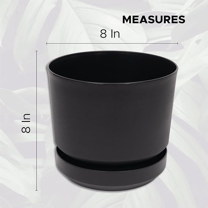 Elly Décor 8 inch Plastic Cylinder Planter Pot with Self-Watering Saucer and Drainage Hole,Lightweight & Extremely Durable, 8"x 8", Black