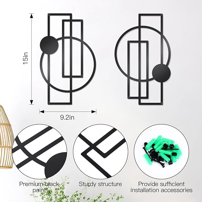 OYEFLY 2 Pcs Metal Abstract Wall Art,Modern Geometric Decor (Black, style 1)