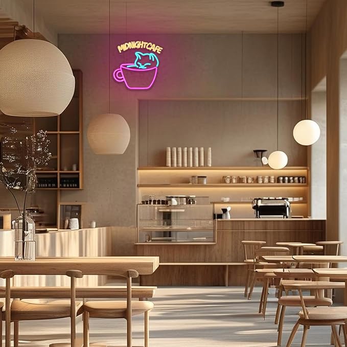 Midnight Cafe Neon Sign for Wall Decor Cat Neon Light Coffee Led Neon Signs Colorful LED Neon Light for Coffee Shop Dessert Shop Bakery Cafe Dcoration