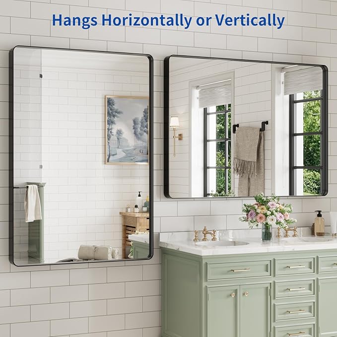 WEER Black Bathroom Mirror for Wall, 50X36 Inch Matte Black Mirror, Rectangular Black Metal Framed Vanity Mirror with Tempered Glass, Rounded Corner, Anti-Rust (Horizontal/Vertical)