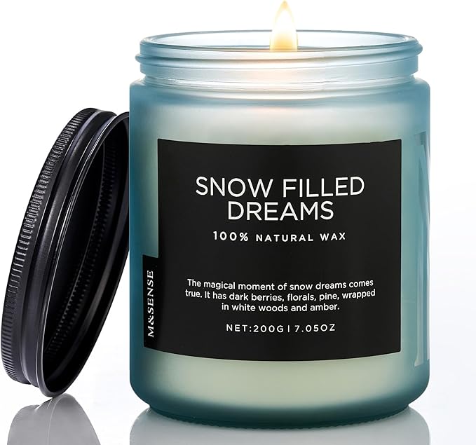 M&SENSE Snow Filled Dream - Jasmine & Pine Scented Natural Soy Wax Cotton Wick Candle for Home Decor, 7.05oz 50 Hours Long Lasting Winter Scent Holiday Gifts for Women Men