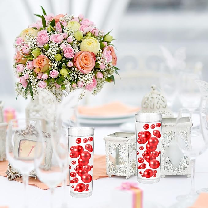 200PCS Red Faux Pearls Beads for Centerpiece Vases, Vase Filler Faux Pearls, No Holes Filler Beads for Party Anniversary Birthday Wedding Table Decor, 10/14/20/30mm