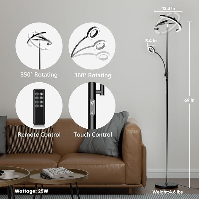Upgraded 2-in-1 LED Floor Lamp - Dimmable Mother-Daughter Standing Lamp with Remote&Touch Control, 29W Bright Floor Reading Light, Black Modern Standing Light for Living Room Bedroom Office