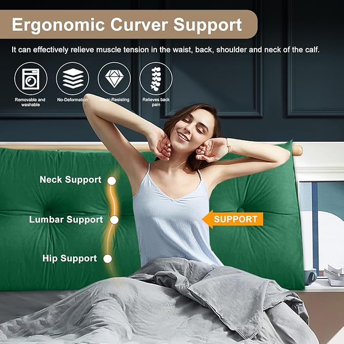Large Triangular Headboard Pillows Long Backrest Positioning Support Bolster Cushion for Daybed Fluffy Quality Plush Body Wedge Pillow with Removable Cover(Dark green-King-76x8x20in)