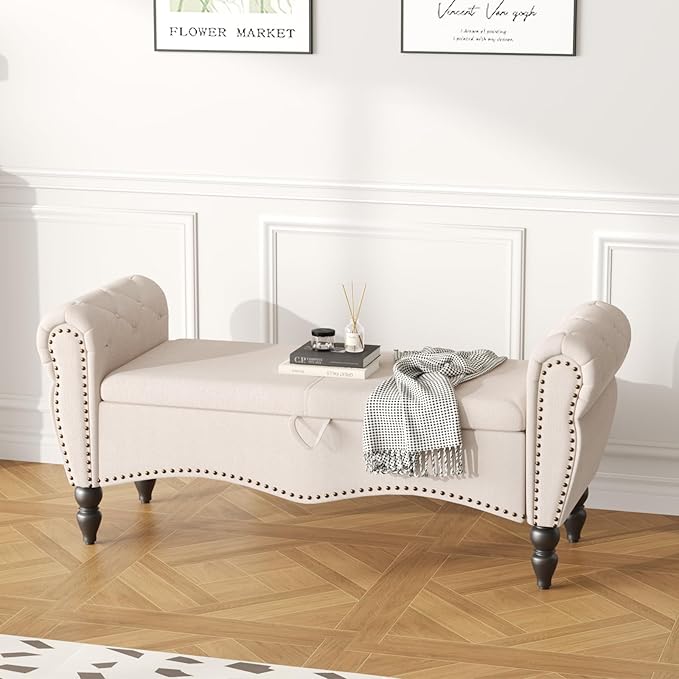 Furniliving Storage Ottoman Bench for Bedroom, Upholstered End of Bed Bench with Solid Wood Legs Modern Shoe Storage Bench Indoor Bench for Living Room Entryway Bench Furniture,Beige, Linen