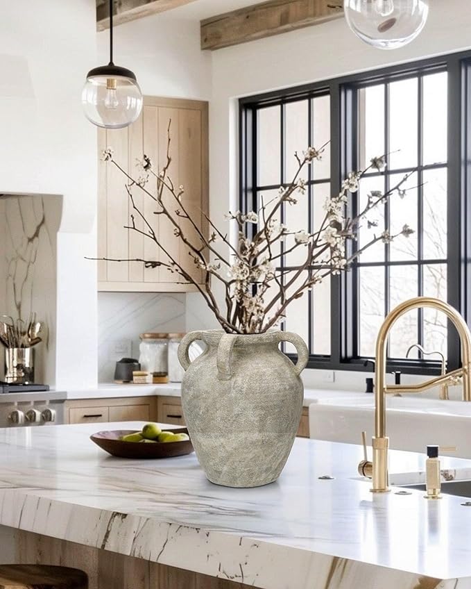 Handmade Flower Vase, 12" Tall Terracotta Vase, Green Vintage Ceramic vase, Rustic Antique Decor with 3 Handles, Wide Mouth, Matte Finish for Home Office Resto Café Décor