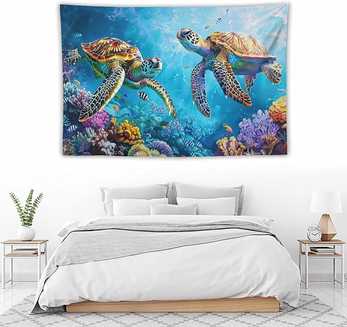 Sea Turtle Tapestry Ocean Tapestries Fabric Wall Hanging Aesthetic Space Coastal Indoor Outdoor Wall Art Tablecloth Bedspread Decoration for Bedroom Dormitory Living Room Home Decor 40"x60"