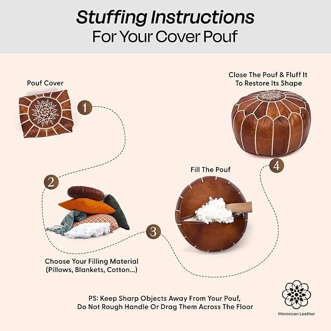 Moroccan Leather Handmade Pouf Ottoman Cover – Unstuffed Foot Stool, Boho Foot Rest for Living Room, Bedroom – Gift for Housewarming or Weddings