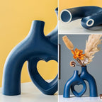 Snuggle Hollow Ceramic Decorative Vase, Modern Minimalist Nordic Boho Ins Style Vases for Home Decor Living Room Shelf Entryway Coffee Table or Console Décor (Matte Navy Blue)