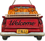 Interchangeable Welcome Sign for Front Door Red Farmhouse Truck Decor Hanging Sign with 11 Interchangeable Seasonal and Holiday Decor Signs 12x14 in. (Country Rustic)