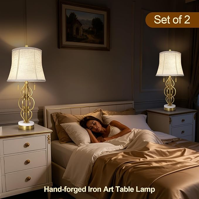 Scenekoy Table Lamp Set of 2 with USB Ports, Pull Chains Switch, 28” Gold Leaf Curved Iron Art Bedside Lamps with Linen Shade for Living Room Bedroom, Nightstand Lamps for Home Room Decor