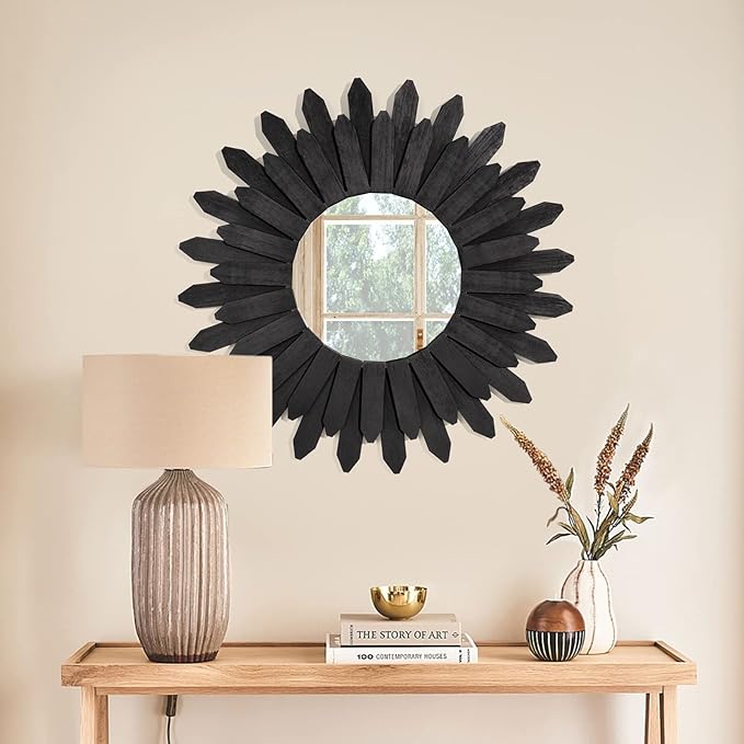 Honiway 21 inch Black Wall Decor Vintage Mirror, Boho Style, Wooden Frame, Easy to Hang, Ideal Gift