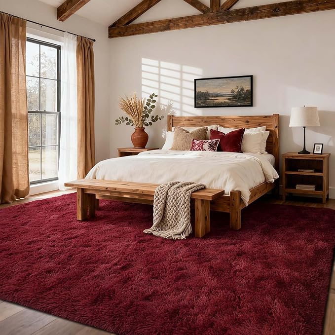 8x10 Ft Extra Large Shag Rugs for Living Room, Ultra Soft Fluffy Furry Area Rugs for Bedroom Indoor Floor, Aesthetic Carpet for Kids Home Decor (Burgundy)