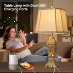 AIDENOEY 27.5“ Farmhouses Table Lamp with USB & USB-C Charging Ports, 3-Color Dimmable & Stepless Bottom Dimming, Touch Control & Switch, Vintage Bedside Lamp for Bedroom Living Room Office,(Brown)