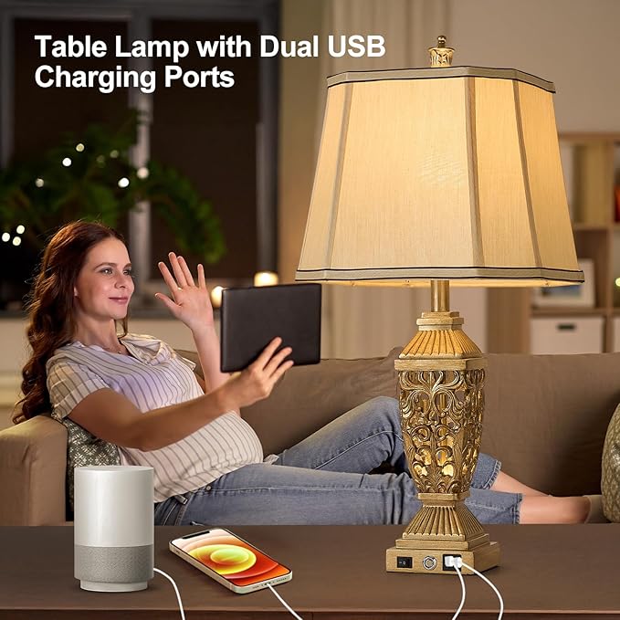 AIDENOEY 27.5“ Farmhouses Table Lamp with USB & USB-C Charging Ports, 3-Color Dimmable & Stepless Bottom Dimming, Touch Control & Switch, Vintage Bedside Lamp for Bedroom Living Room Office,(Brown)