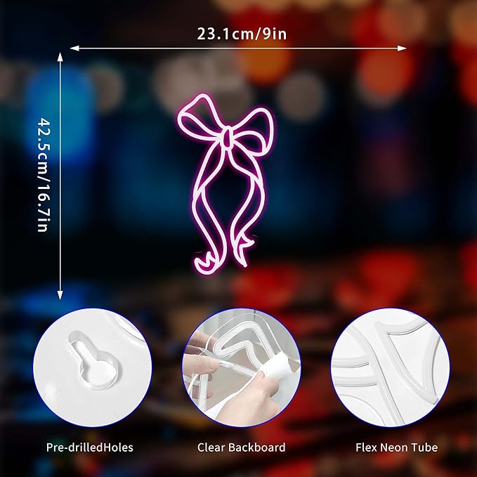 Bow Neon Sign, Neon Signs for Wall Decor Neon Pink Ribbon Bow LED Signs Room Neon Light Up Signs Home Decor for Bedroom Club Party Bar Shop USB Operated
