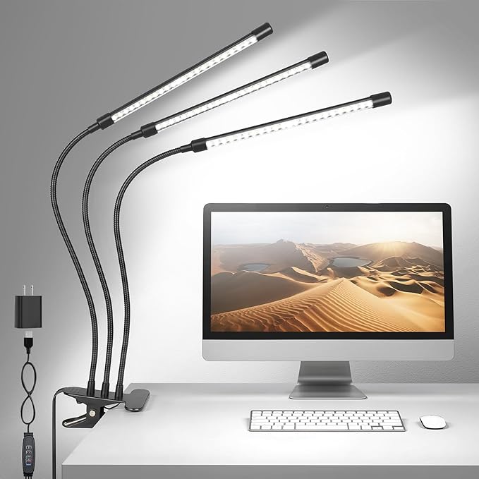 ShineTech 3-Head LED Desk Lamp with Clamp, Eye-Caring Clip-on Light for Home Office, 4 Color Modes & 6 Brightness Levels, 360° Flexible Gooseneck Desk Lights for Dorm Room, Reading, Nail, Black