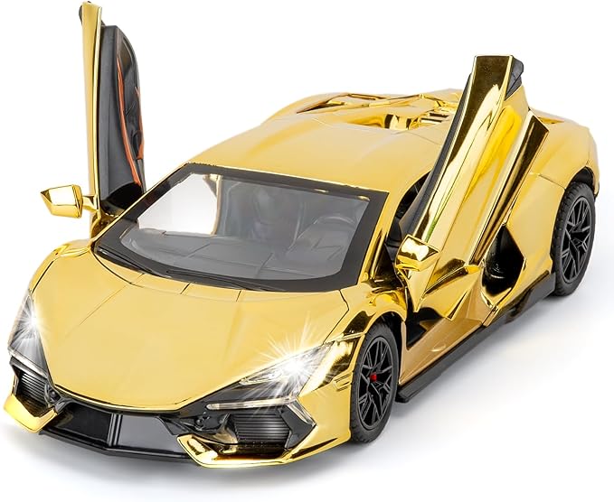 1/24 Scale Gold Lambo Revuelto Diecast Car Model, Collectible Diecast Toy Car with Lights and Sounds, Pull Back Vehicles Toy for Adults Kids Birthday Gifts Decoration