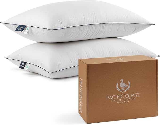 Pacific Coast Feather and Down Bed Pillows Standard Size Set of 2, Goose Feather and Down Hotel Pillow for Sleeping, Downproof, 3-Chamber, Medium Supportive, 100% Cotton Shell
