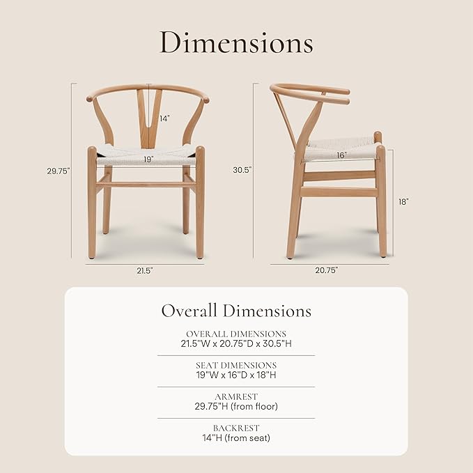 POLY & BARK Weave Dining Chairs – Mid-Century Modern Wishbone Dining Chairs with Arms, Solid Wood Frame, Indoor Use – Natural – Set of 2 - Ideal for Dining Room, Kitchen or Stylish Accent Setting