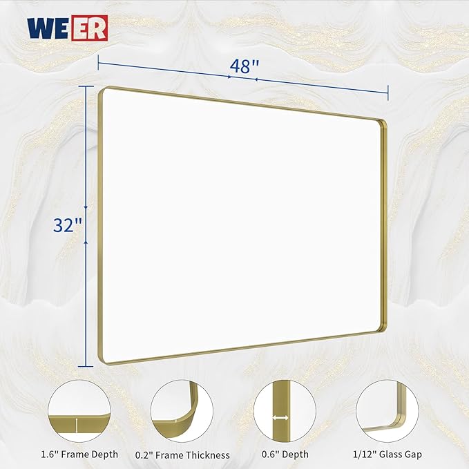 WEER Gold Bathroom Mirror, 48X32 Inch Brushed Gold Metal Frame Mirror, Rounded Rectangle Gold Bathroom Vanity Mirror for Wall, Tempered Glass, Anti-Rust, Hangs Horizontally or Vertically