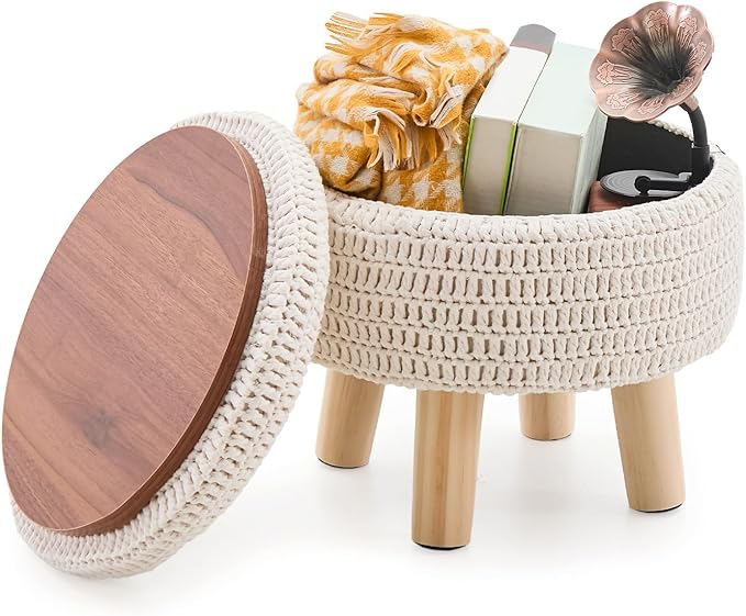Wimarsbon Pouf Ottoman, 100% Cotton Knitted Boho Footstool, Round Footrest with Non-Skid Wood Legs, Home Décor Handmade Pouffe, Leisure Floor Step Stool for Living Room (Storage Beige)