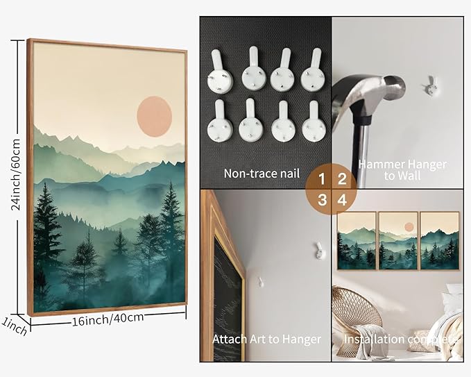 SIGNINART Large Boho Mountain Framed Canvas Wall Art Set, Nature Pine Tree Wall Painting, Abstract Foggy Forest Wall Decor, Modern Sunrise Art Prints for Bedroom Living Room and Office - 16"x24"x3
