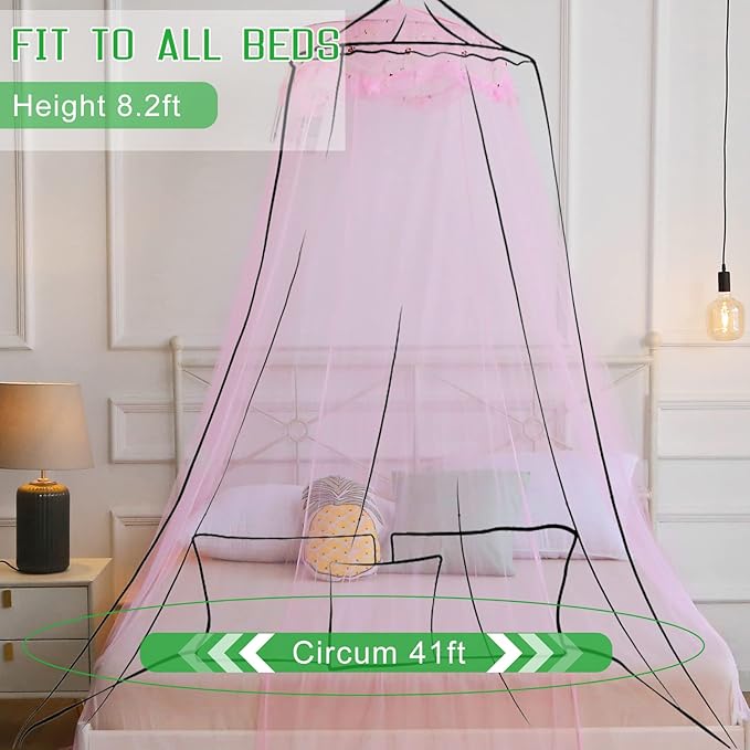 VISATOR Mosquito Net Bed Canopy for Girls,King Canopy Bed Curtains Queen Size from Ceiling,Dome Mosquito Netting Bed Tent Twin Girls Canopy Bed Decor for Baby Crib,Kid Bed and Adult Beds (Pink-Dome)