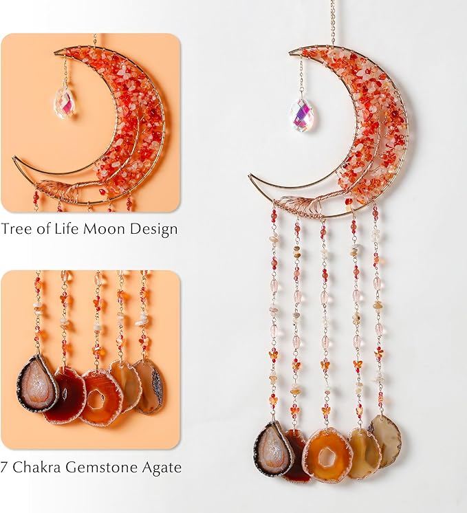Agate Gemstone Dream Catcher 7 Chakra Tree of Life Dream Catcher with Rainbow Crystal Stones Handmade Dreamcatcher Wall Decor for Adults Boys Girls,Bedroom,Wedding,Garden,Bless Gift(Orange Moon)