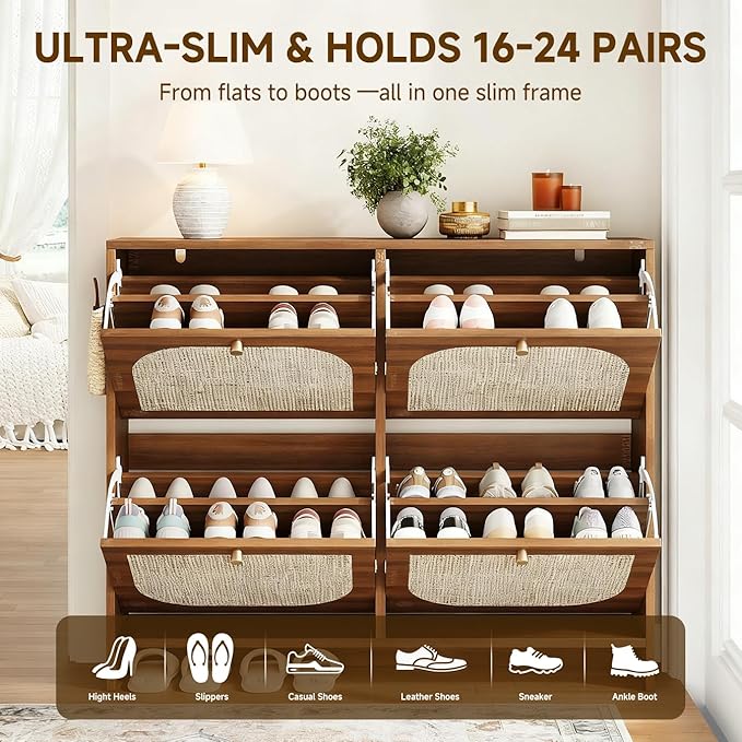 Nicetree Freestanding Arched Rattan Accent Ultra Slim Shoe Cabinet for Entryway - 4 Flip Drawers & 3-Tier Adjustable Shelves, Farmhouse Modern Rustic Shoe Rack for Hallway, Foyer, Living Room