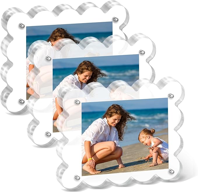 Acrylic Photo Frame 2×3inch - 3Pack Magnetic Picture Frames with 10+10mm Thick Block, Scalloped Edge Design, Double-Sided Magnet Frames for Modern Desktop Display (Clear, 2x3)