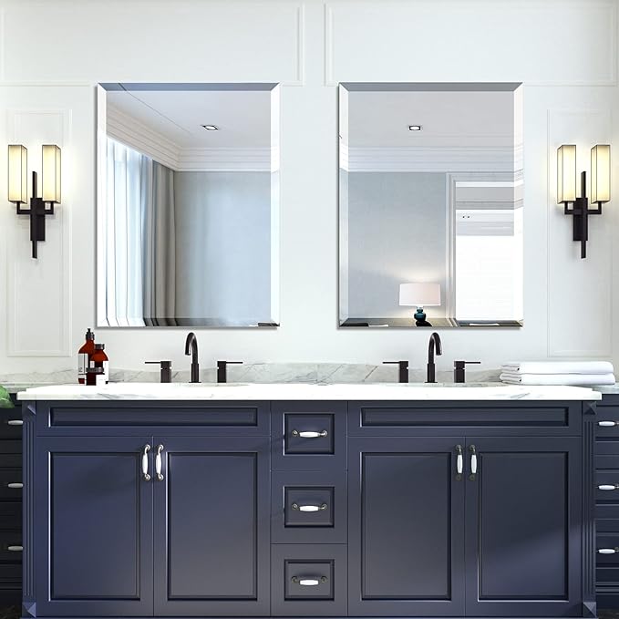 Mirrorons Beveled Mirror, Wall Mirror 24" x 32", Frameless Rectangle Bathroom Vanity Mirror with Beveled Edge, Hangs Horizontally or Vertically. Upgraded Shatterproof Mirror, Bathroom, Gym.