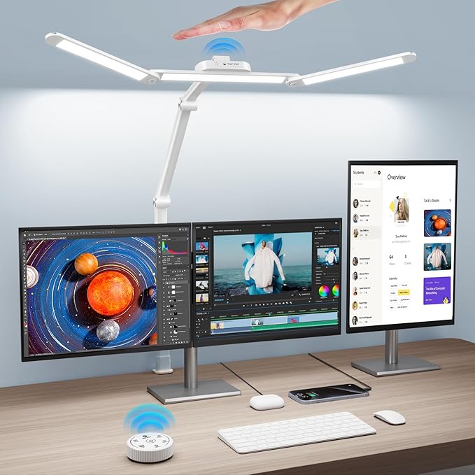 Syrinx Desk Lamp with Gesture Sensor Switch and Remote Control, 24W Bright LED Desk Lamps for Home Office with 50 Light Modes Adjustable Desk Lamp with Clamp for Tables Up to 2.95 inches Thick