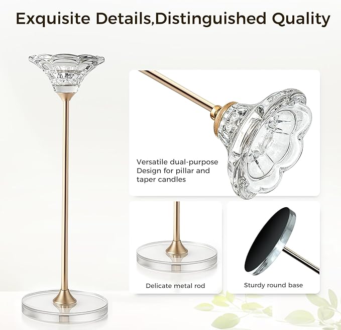 Candlestick Holders, Crystal 2 in 1 Taper and Pillar Candle Holders, Set of 3 Clear Glass Candle Holder, Decorative Candle Holder Candelabra for Home Decor, Wedding, Party, Anniversary