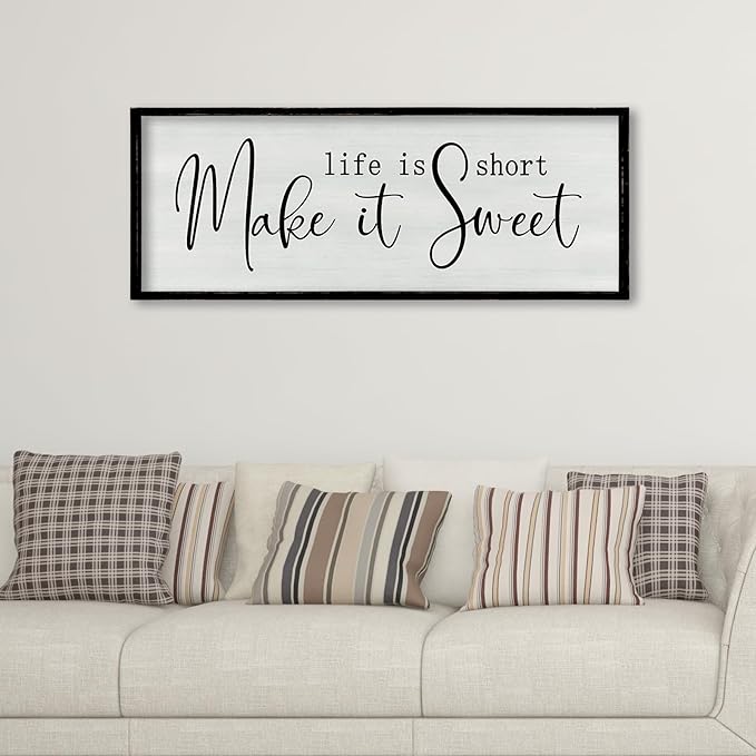 ZZJJHYWGQ Life is Short Make It Sweet Sign Wall Decor 32"×12" for Living Room Bedroom Family Lnspirational Quote Wall Art (Black)