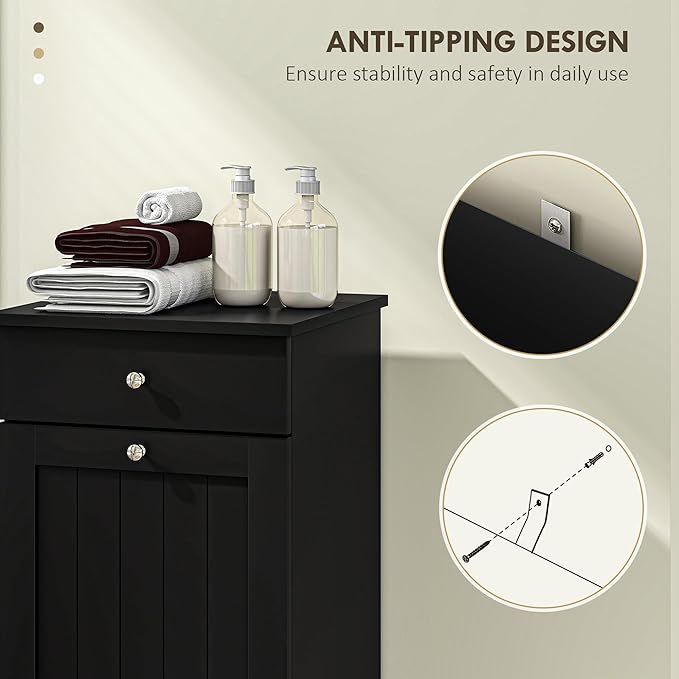 HOMCOM Laundry Hamper with Removable Basket, Tilt Out Hamper with Drawer and Beadboard Door, Bathroom Storage Cabinet, Black