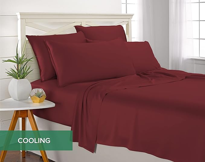 Split King Sheets by Pure Bamboo, Genuine 100% Organic Viscose Derived from Bamboo Bed Sheet Set, Soft & Cooling, Double Stitching *Not for Split Top (Split King, Merlot)
