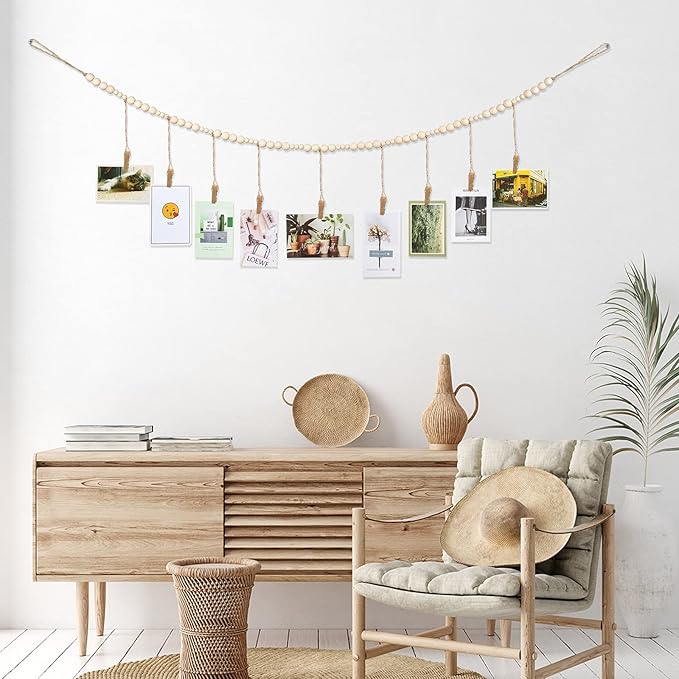 Wall Hanging Photo Display with Wooden Beads Garland 4 Feet Boho Collage Picture Frame DIY Picture Photo Frame Set with 9 Wood Clips for Rustic Country Home, Office Nursery Room Decoration(2 Pieces)