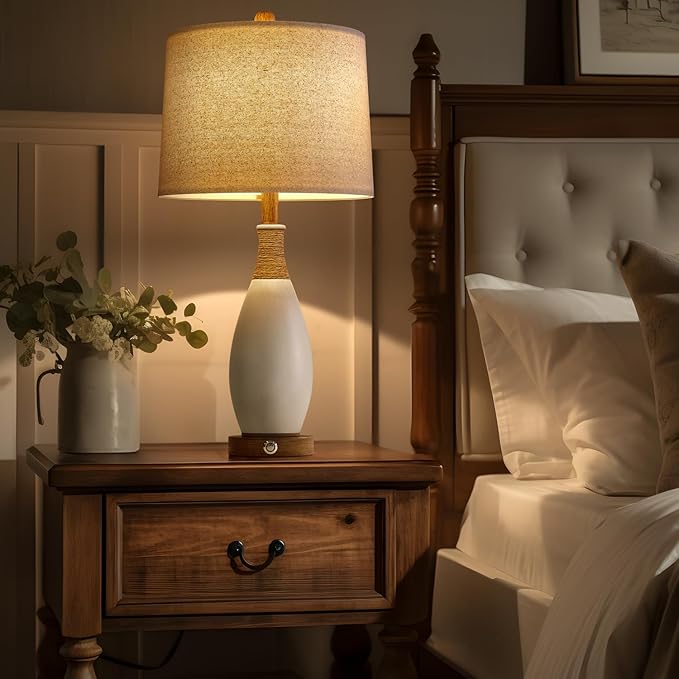 OYEARS 24.5” 3-Way Dimmable Touch Control Bedside Table Lamp Set of 2 with USB and Type-C Charging Ports Modern Farmhouse Nightstand Lamp for Bedroom Living Room (Bulb Included)