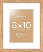 Homeforia 8 x 10 Wood Picture Frame, High End Natural Oak 8x10 Light Wooden Frames with Mat 5x7 inch Photo, 8 x 10 Frame Matted to 5 x 7 Art, Wall or Tabletop Frame, Tempered Glass, Wall Kit, Set of 1