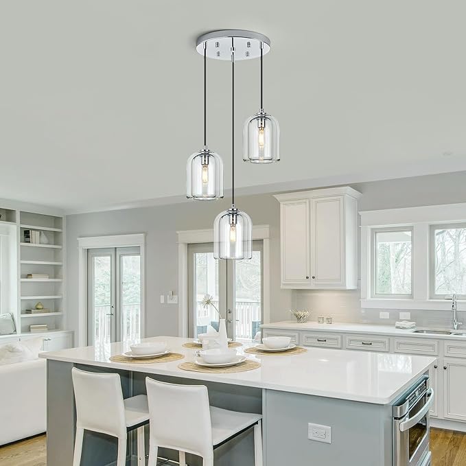 Modern Chrome Pendant Lights Kitchen Island Ceiling Chandelier Indoor Crystal Hanging Light Fixtures for Dining Room Kitchen Living Room Bedroom（3Light）