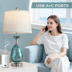 Coastal Glass Table Lamps Set of 2, 3-Way Dimmable Touch Control Nautical Lamp with USB A+C Ports,Bedside Lamp Beach Decor,Nightstand Lamp with White Shade for Living Room Bedroom(LED Bulbs Included)