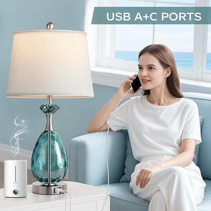 Coastal Glass Table Lamps Set of 2, 3-Way Dimmable Touch Control Nautical Lamp with USB A+C Ports,Bedside Lamp Beach Decor,Nightstand Lamp with White Shade for Living Room Bedroom(LED Bulbs Included)