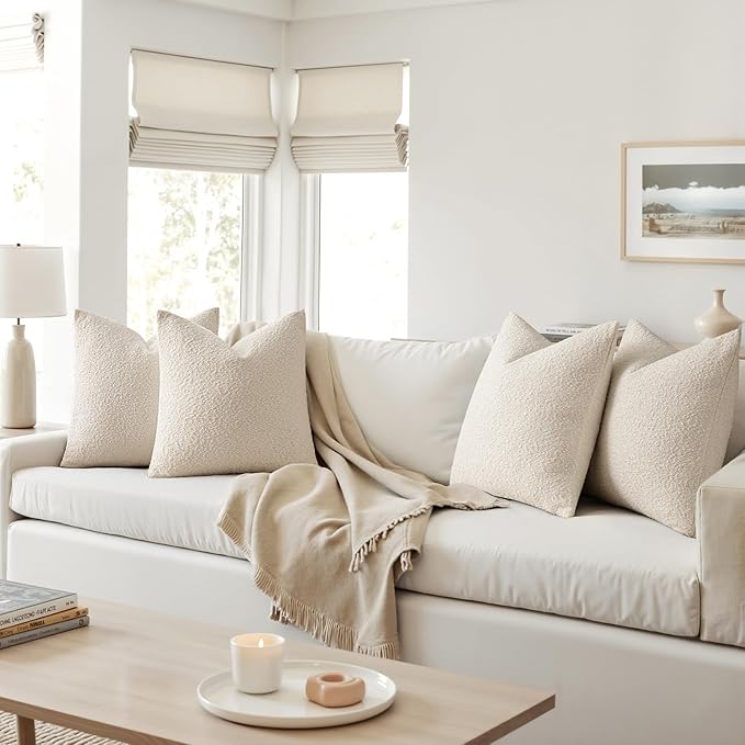 MIULEE Pack of 4 Decorative Textured Boucle Throw Pillow Covers 20x20 Inch Beige Accent Solid Pillow Cases Soft Couch Cushion Covers for Modern Farmhouse Boho Chair Sofa Bed Livingroom Home Decor