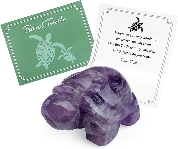 QINJIEJIE Amethyst Crystal Travel Turtle Figurines Healing Crystals Best Travel Gifts for Women Men Travelers Sea Turtle Lovers Office Desk Decor Good Luck Gifts for Traveling Abroad