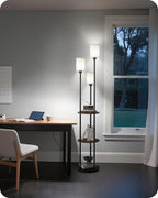 Floor Lamp with Shelves, Modern Floor Lamp with 3 Linen Shades and Foot Switch, 3-Light Standing Lamp, for Living Room, Bedroom, Study, Office, Rustic Brown and Beige EF53LD05