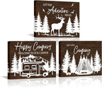 HOMEOART Camper Decor RV Wall Art Happy Campers Adventure Camping Wall Decor Sign, Deer in Forest Farmhouse Cabin Decoration,Framed 12x16inchx3Piece, Rustic Brown