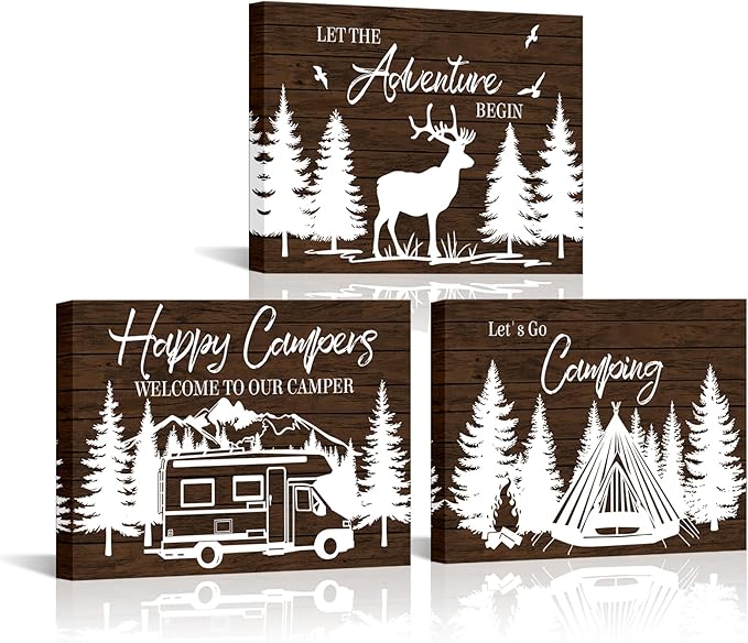 HOMEOART Camper Decor RV Wall Art Happy Campers Adventure Camping Wall Decor Sign, Deer in Forest Farmhouse Cabin Decoration,Framed 12x16inchx3Piece, Rustic Brown